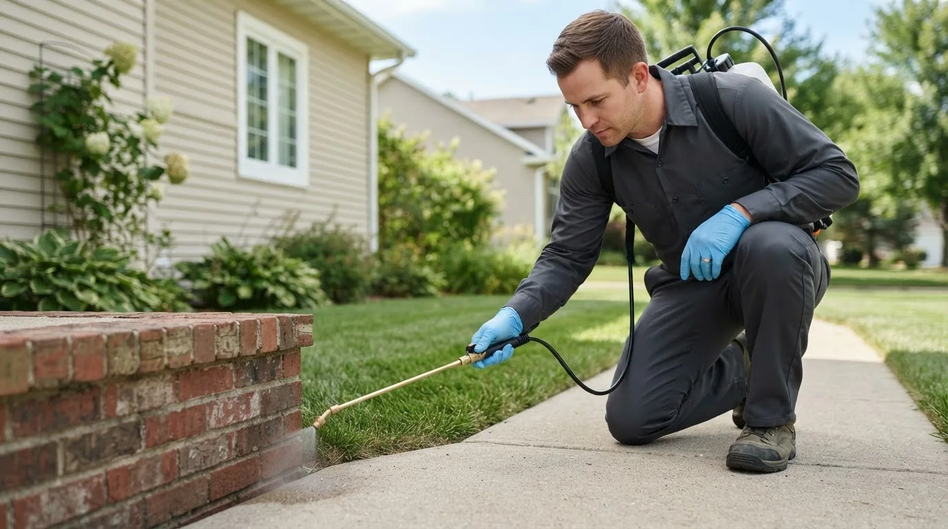 Pest control technician treating a home near Parmelee, SD